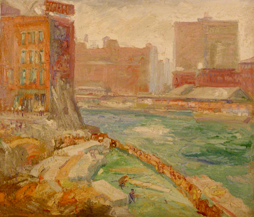 Krehbiel painting of Workmen by the Chicago River Bend